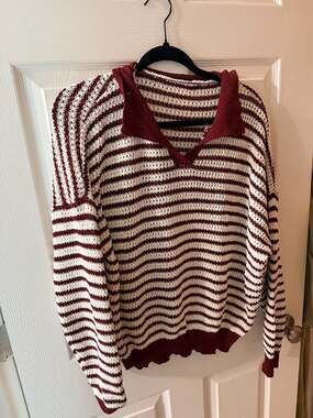 Unbranded Striped Open Knit Polo Sweater Maroon White